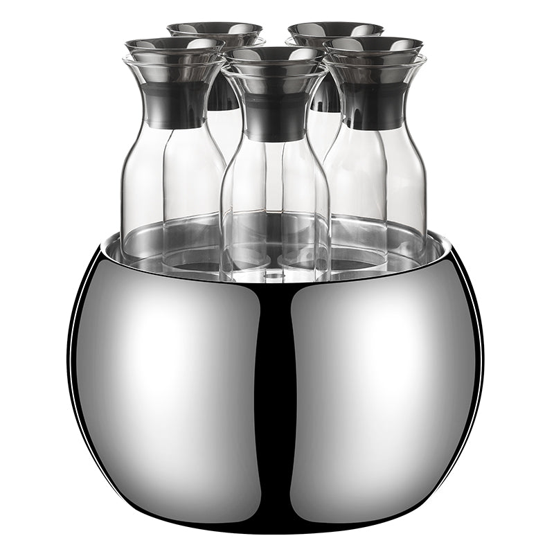 Edicel Rose Gold Stainless Steel Beverage Display Stand with 5 Glass Carafes for Hotel Buffet