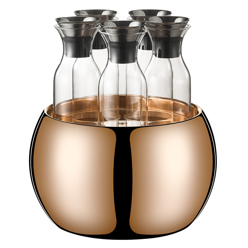 Edicel Rose Gold Stainless Steel Beverage Display Stand with 5 Glass Carafes for Hotel Buffet