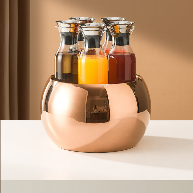 Edicel Rose Gold Stainless Steel Beverage Display Stand with 5 Glass Carafes for Hotel Buffet