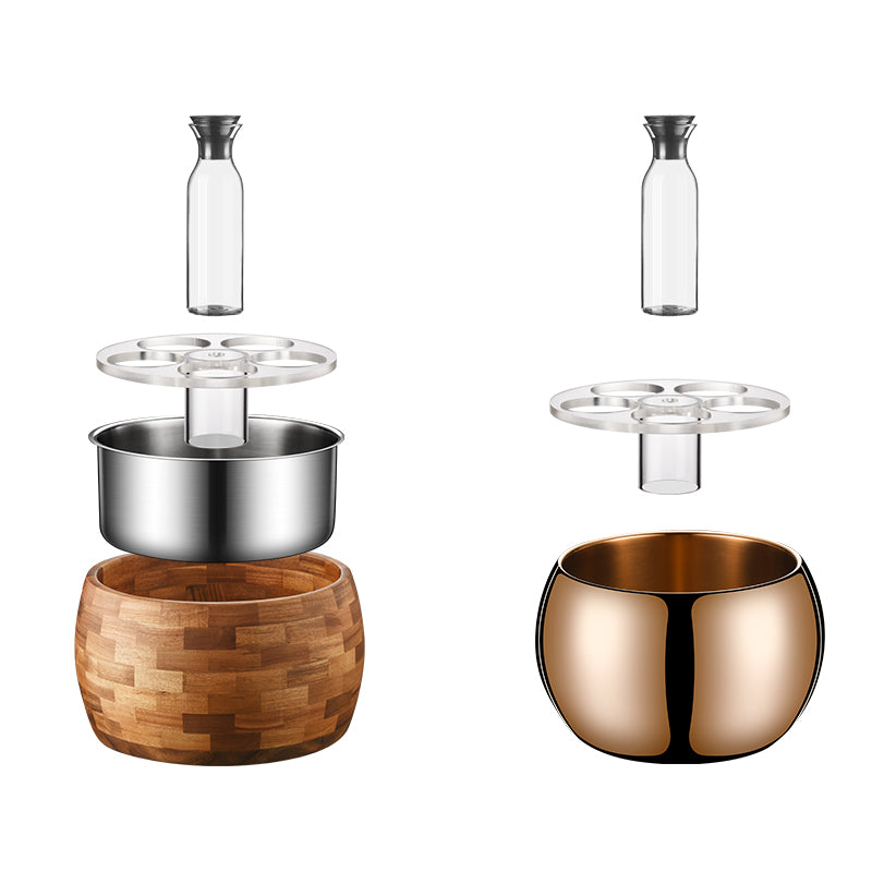 Edicel Rose Gold Stainless Steel Beverage Display Stand with 5 Glass Carafes for Hotel Buffet
