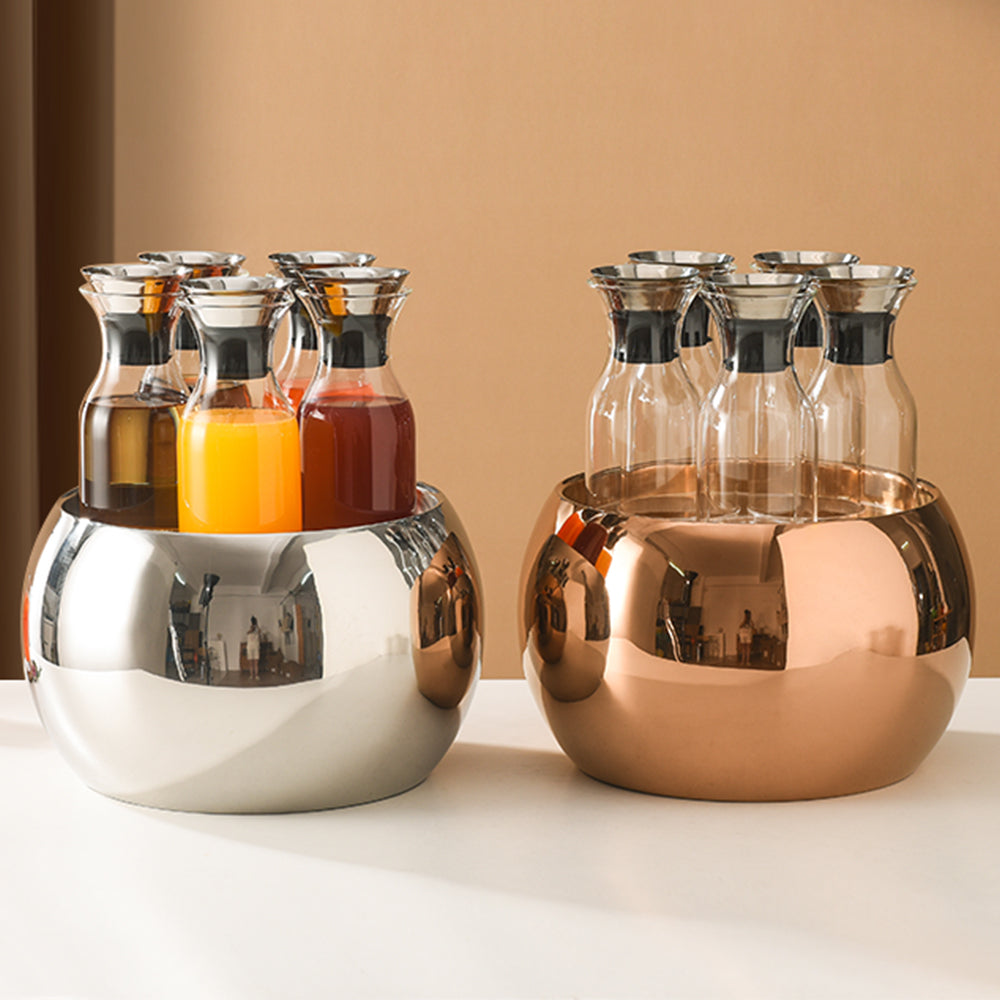 Edicel Rose Gold Stainless Steel Beverage Display Stand with 5 Glass Carafes for Hotel Buffet