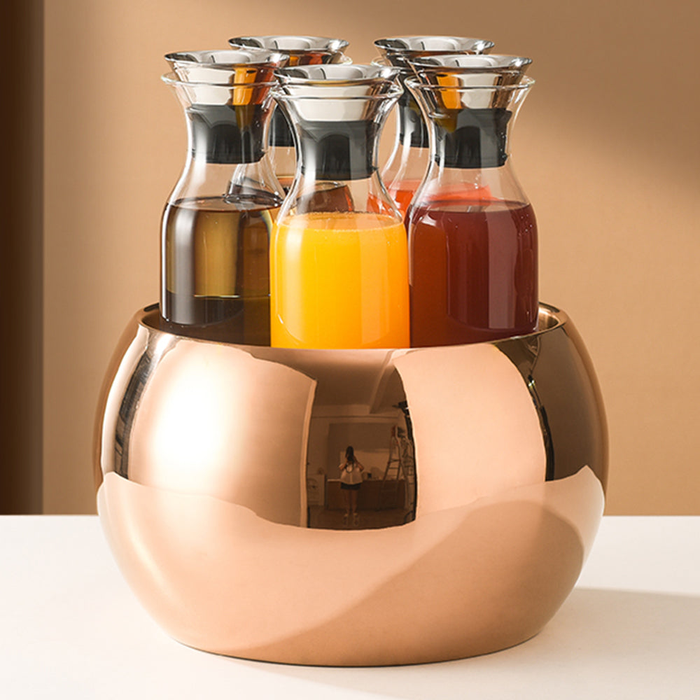 Edicel Rose Gold Stainless Steel Beverage Display Stand with 5 Glass Carafes for Hotel Buffet